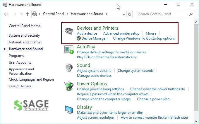 Devices and Printers option setting
